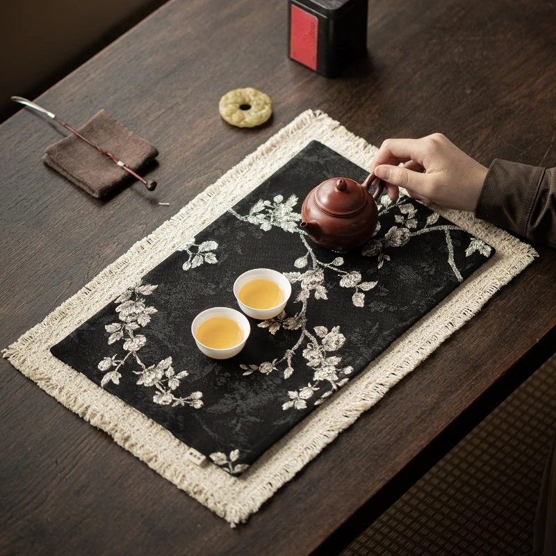 Chinese Style Woven Brocade Tea Mat Double-sided Embroidered Tea Towel Heat-insulating Tea Ceremony Accessories