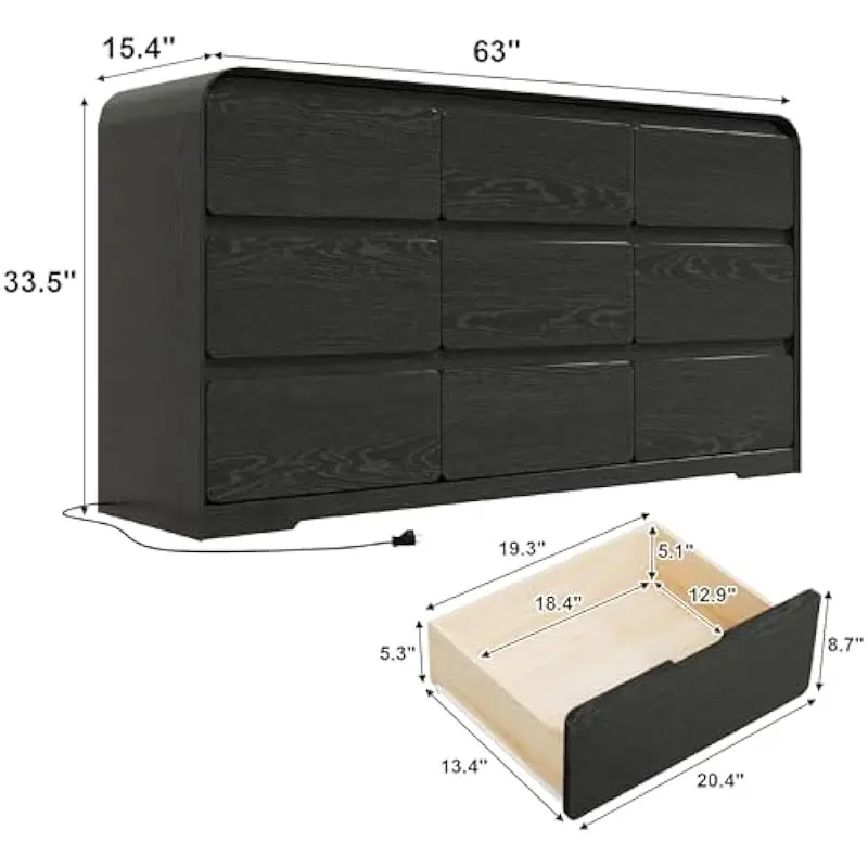 63 Inch Wide 9 Drawer Lacquered Dresser with Integrated Power Strip Top Surface Deep Storage Chest for Bedroom Living Room or Nu