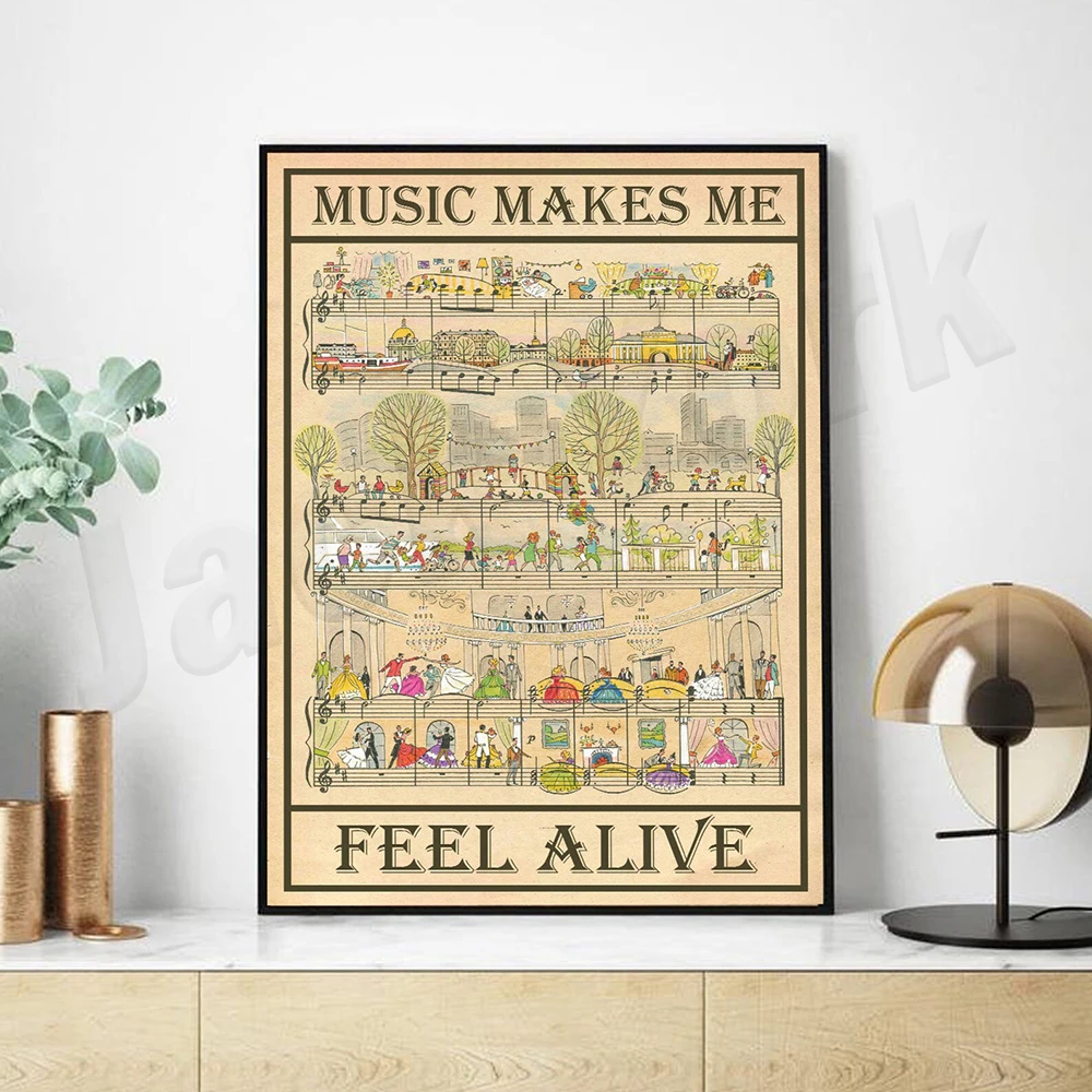 Music Vintage Poster, Music Makes Me Feel Alive Vintage Print, Staff Art Print, Music Art Print, Music Wall Art, Music Gifts