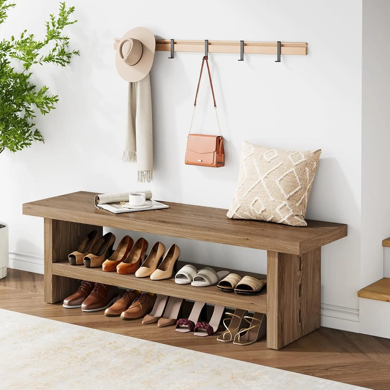 

2 Tier Entryway Bench, 47.24"" Shoe Bench, Rustic Shoe Ra Bench, Wooden Storage Bench For Entryway Hallway Living Room Bedroom,