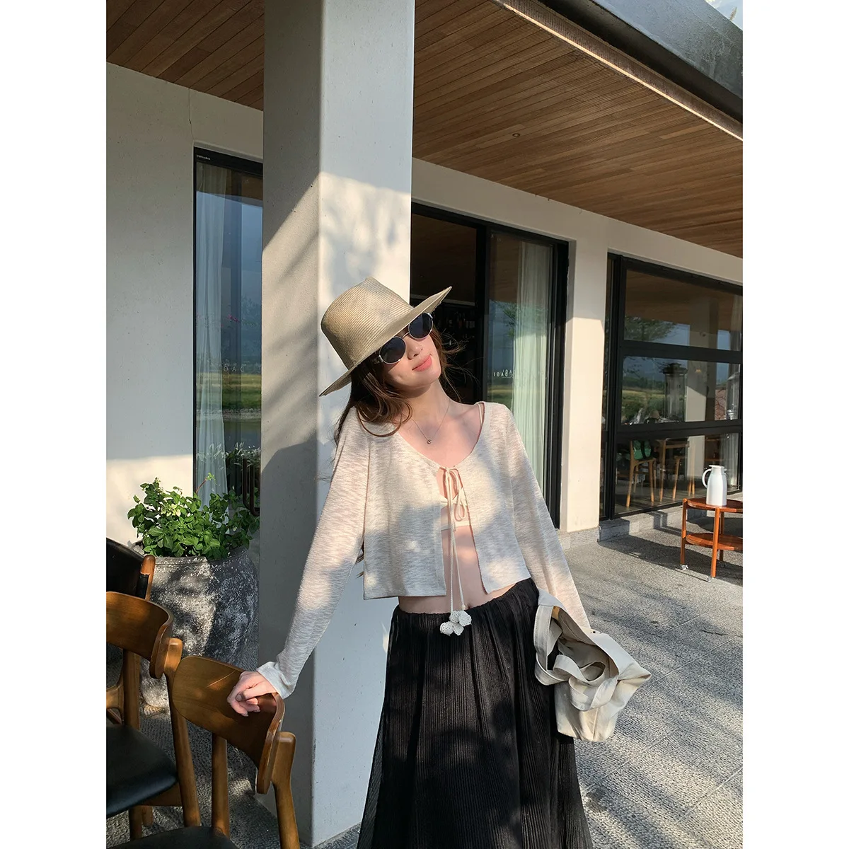 

Beige Knitted Sweater Cover Slim Sparkling Lace Up Exposed Navel Long Sleeved Women's Summer Thin Cut Sun Protection Cardigan