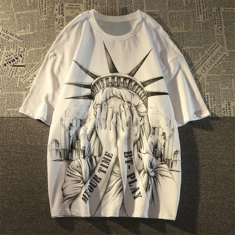 

Net Red Hot Graffiti Statue of Liberty Printed T-Shirt Trend Men and Women Hot Short Sleeve T Loose Versatile Top