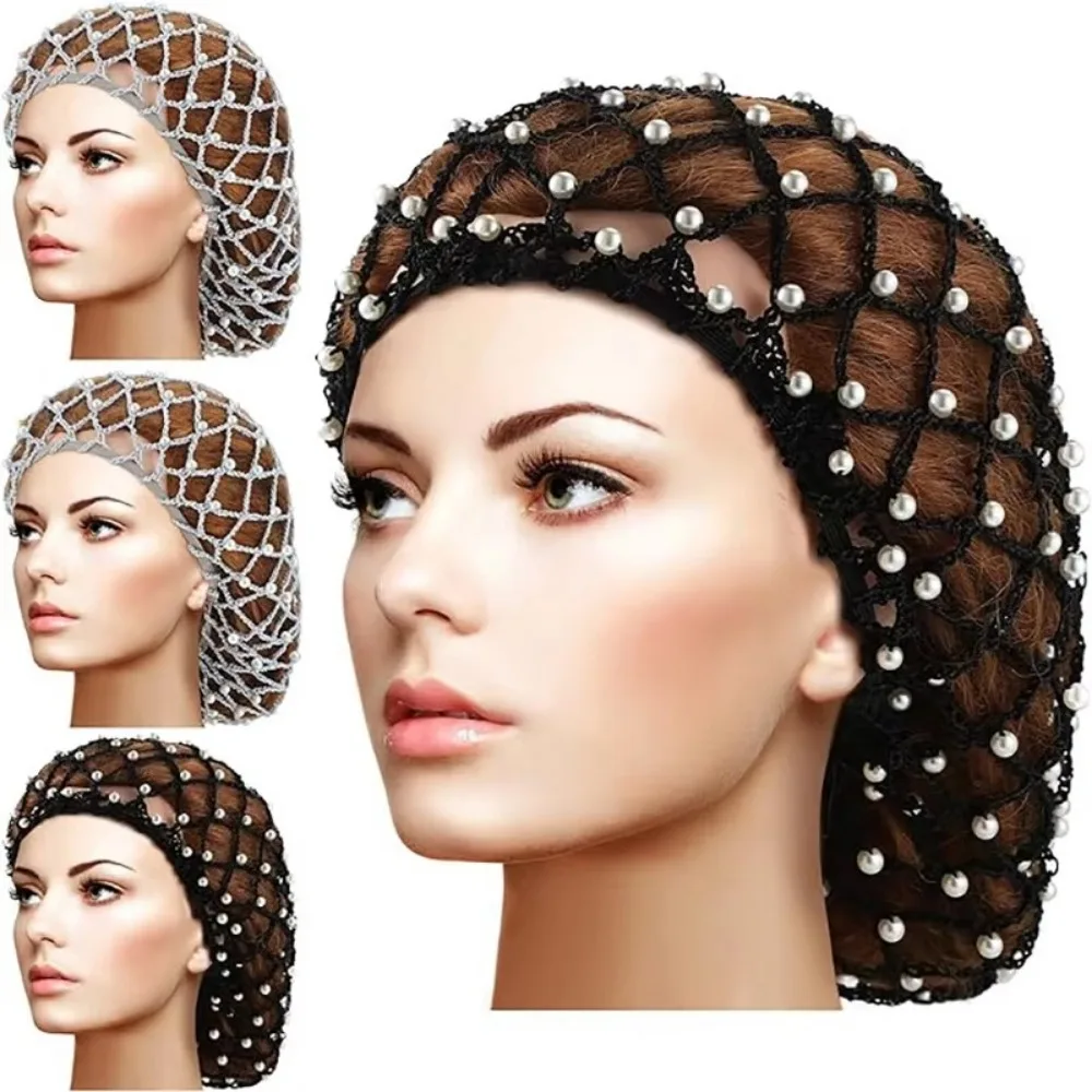 Fashion Pearls Beads Mesh Snood Hair Net Soft Solid Color Rayon Crochet Hairnet Oversize Knit Hat Hair Accessories