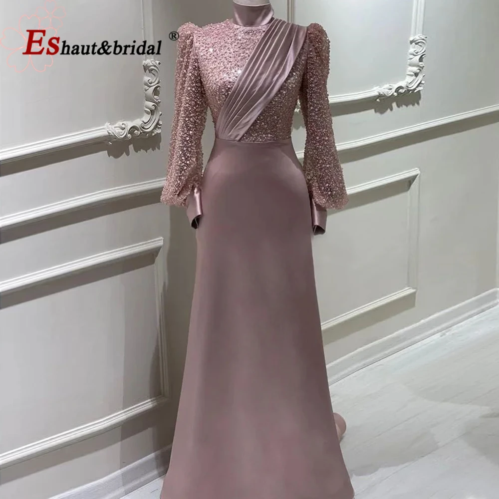 Elegant Muslim Evening Night Dress 2023 Long Sleeves High Neck Bead Mermaid with Detachable Skirt Formal Prom Wedding Party Gown