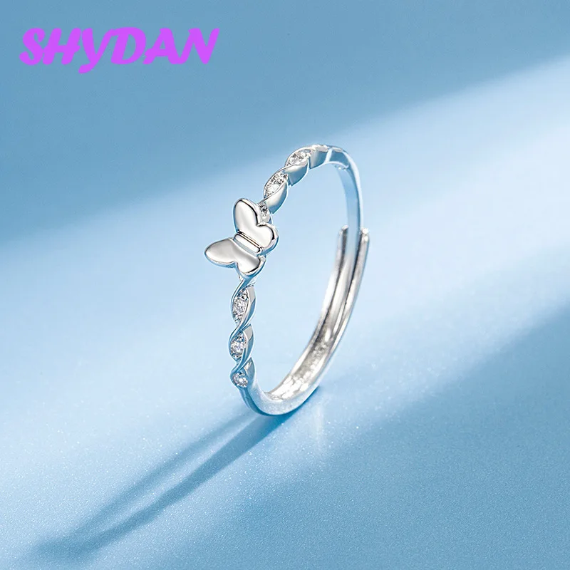 SHYDAN 925 Sterling Silver Heart Butterfly Design Micro Zirconia Adjustable Ring For Women Girls Fashion Jewelry