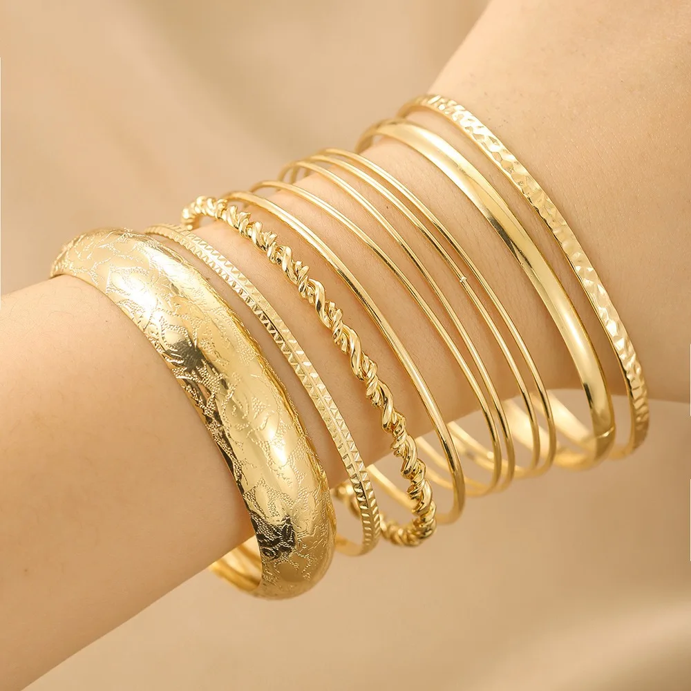 10pcs Set Bohemia Water Ripple Smooth Surface Multi-layer Fold Wear Bangles for Women Exaggerated Personality Jewelry Sets Gifts