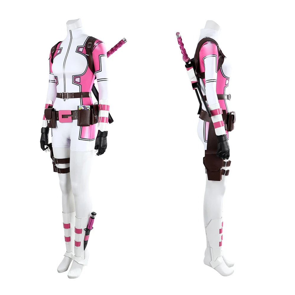 Sexy Gwenpool Gwen Poole Cosplay Fort Pink Ghost Costume High Quality Leather Jumpsuit Shoes Props Mask Set Party Woman