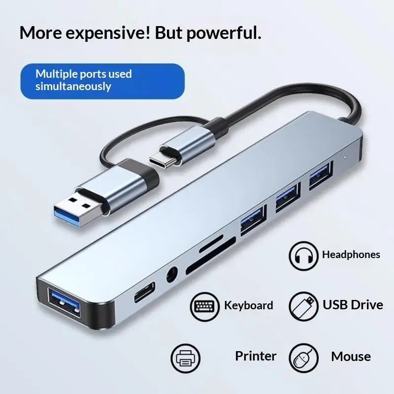 ∘8 In 2 Multiport Splitter Hub High Speed Data Transfer PD Charging Adapter Dock for Travel Business Laptop User