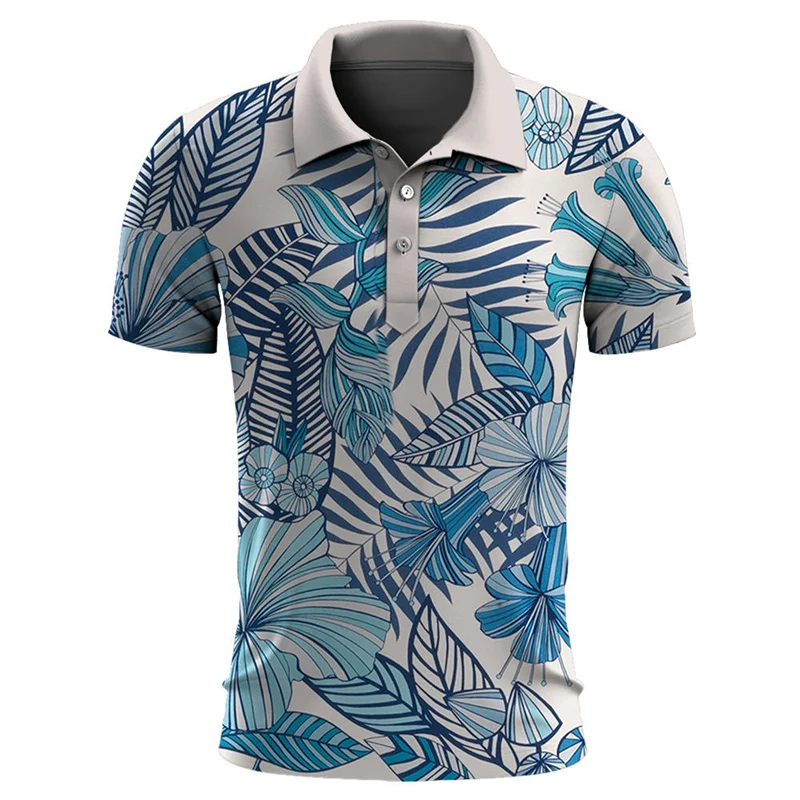 Camisa polo masculina de plantas havaianas, impressão 3D, folhas, flor, manga curta, camisas polo de golfe, tops de rua extragrandes, verão