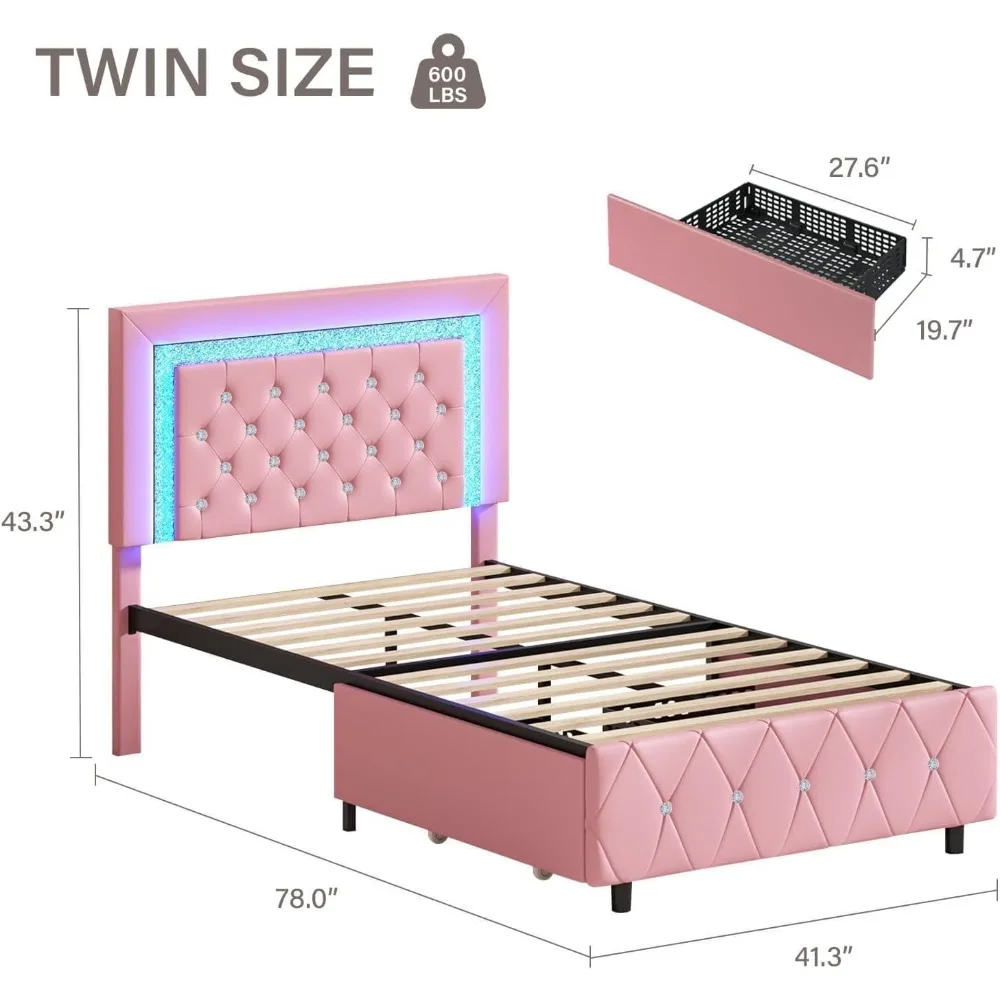 Bingkai kasur kembar dengan lampu LED dan Laci penyimpanan, tempat tidur kulit imitasi, tempat tidur Platform berlapis kain dengan Headboard berlian