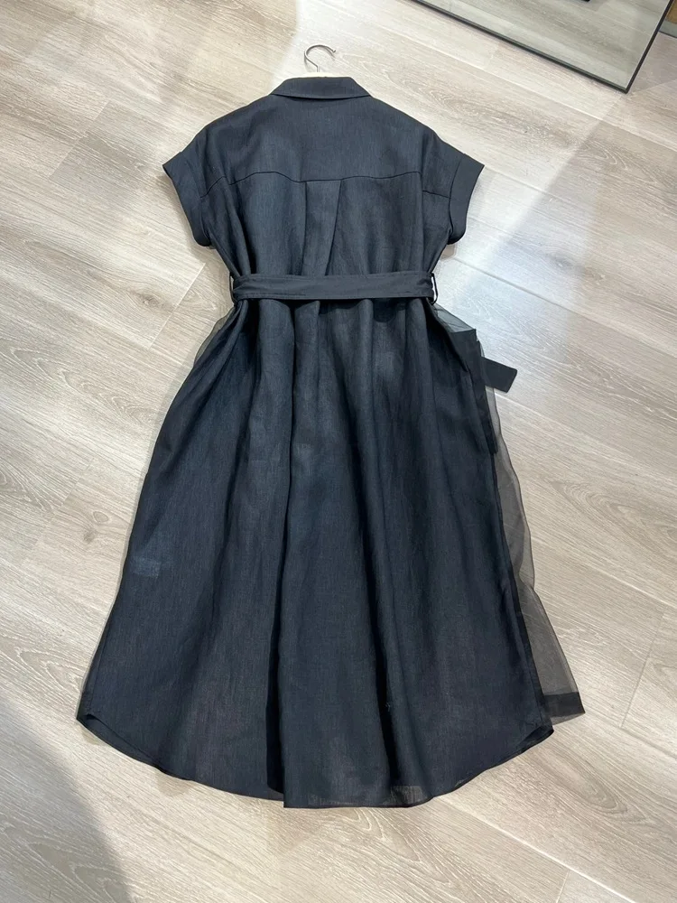 คุณภาพสูงฤดูร้อนสุภาพสตรีผ้าไหมแขนสั้นชุดความยาวกลาง A-Line Dresses