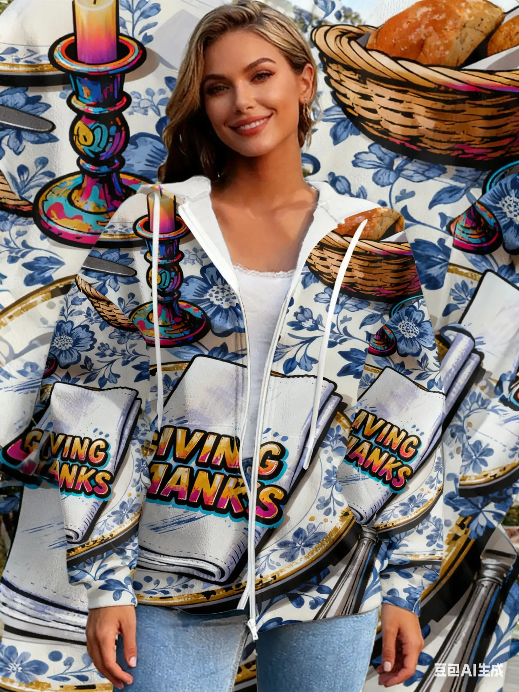 

Thanksgiving-Themed Design with 'Giving Thanks' Typography, Floral Patterns, Candlesticks & Bread Baskets for Festive Charm