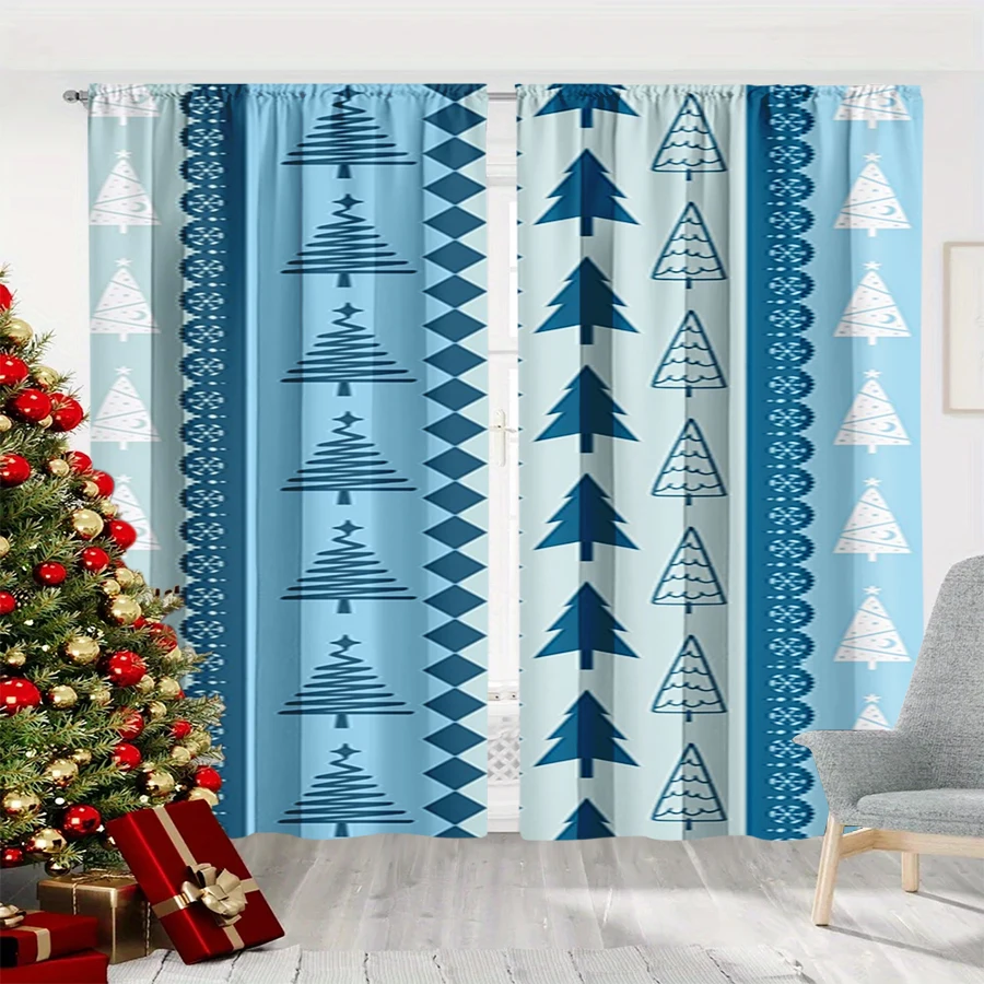 2PCS Christmas Winter Curtains, Blue Patchwork Christmas Tree Geometric Pattern, Digital Print, Bedroom Living Room, Home Decor