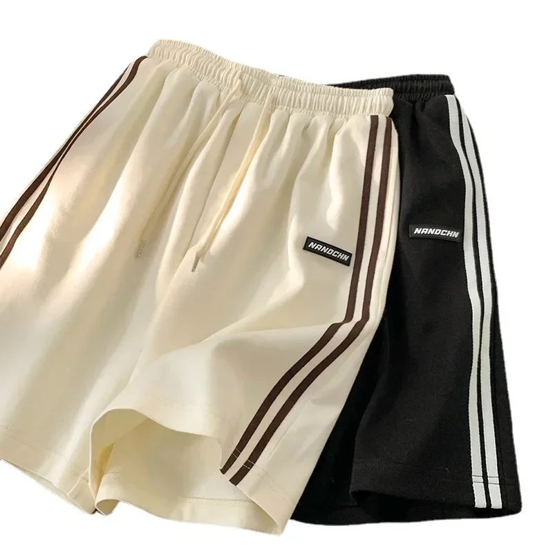 Striped Shorts Women Summer Streetwear Loose Wide Leg Shorts Korean Casual Elastic Waist Sports Shorts Bf Couple Oversized