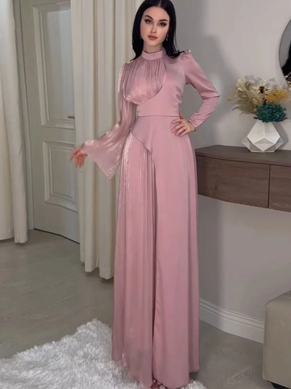 Plus Size Contrast Color Chic Evening Dress Vintage Arabic A Line Prom Gown S-2XL Celebrity Long Sleeves Formal Party Wear view 2