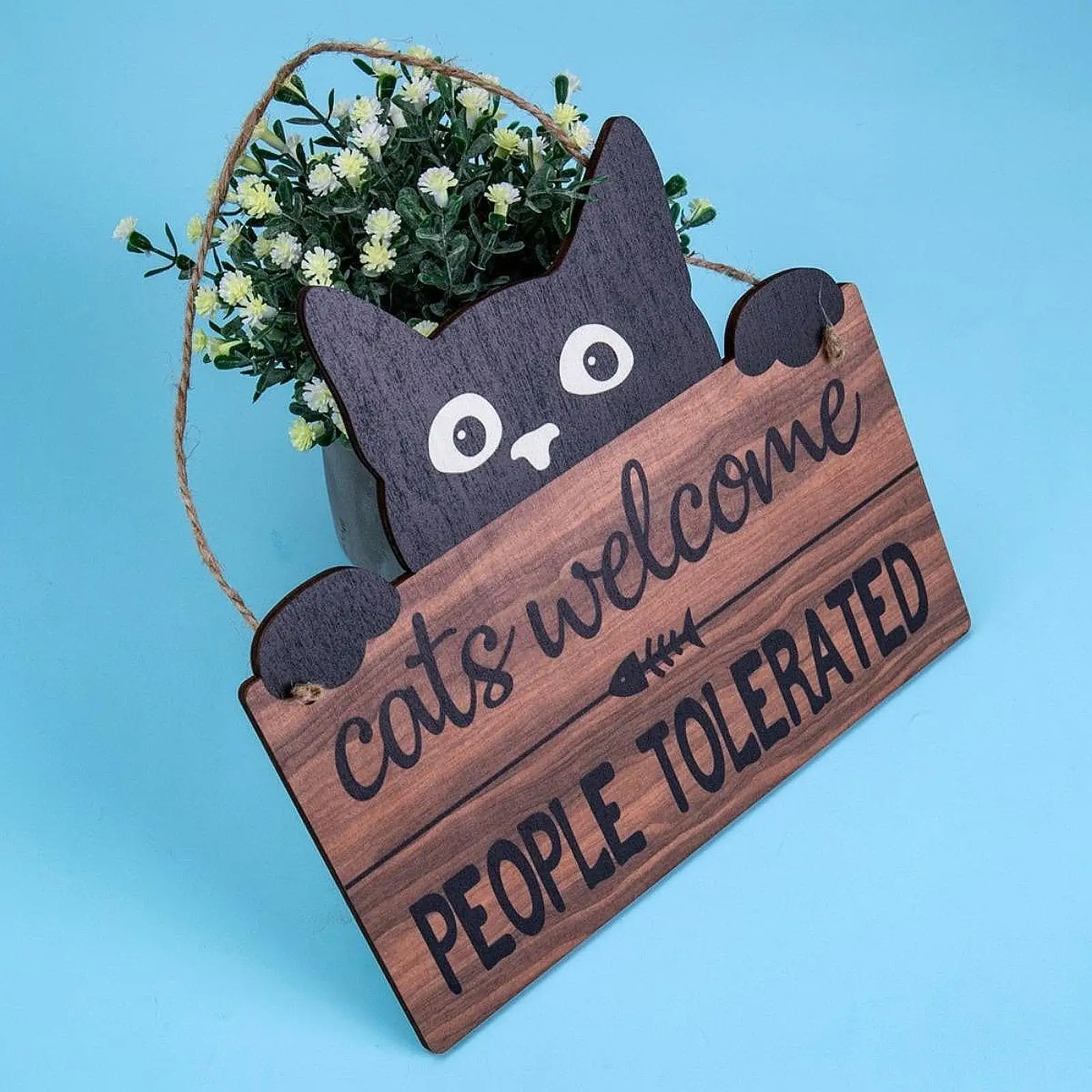 Cat People Tolerated Hanging Sign Funny Cat Welcome Sign Ornament Kitty Front Door Wood Sign for Décor Pet Shop Outdoor