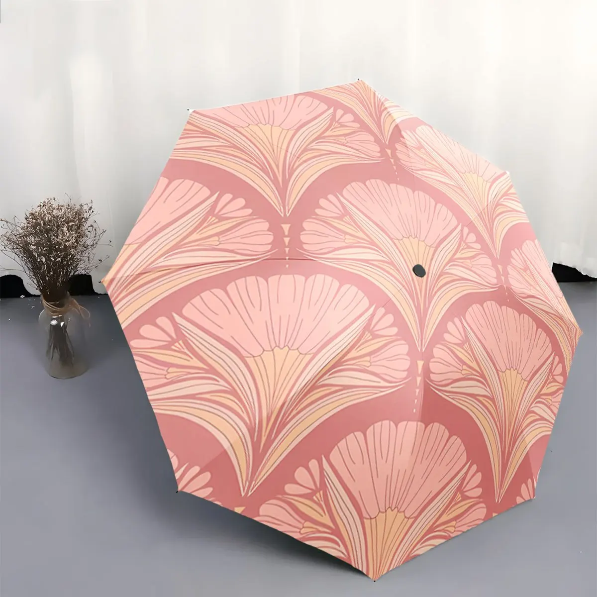 

's Pink & Golden Art Deco Open/Close Folding Umbrella - 8-Rib Compact Travel Umbrella with Maroon-Pink-Golden Leaf Pattern, Se