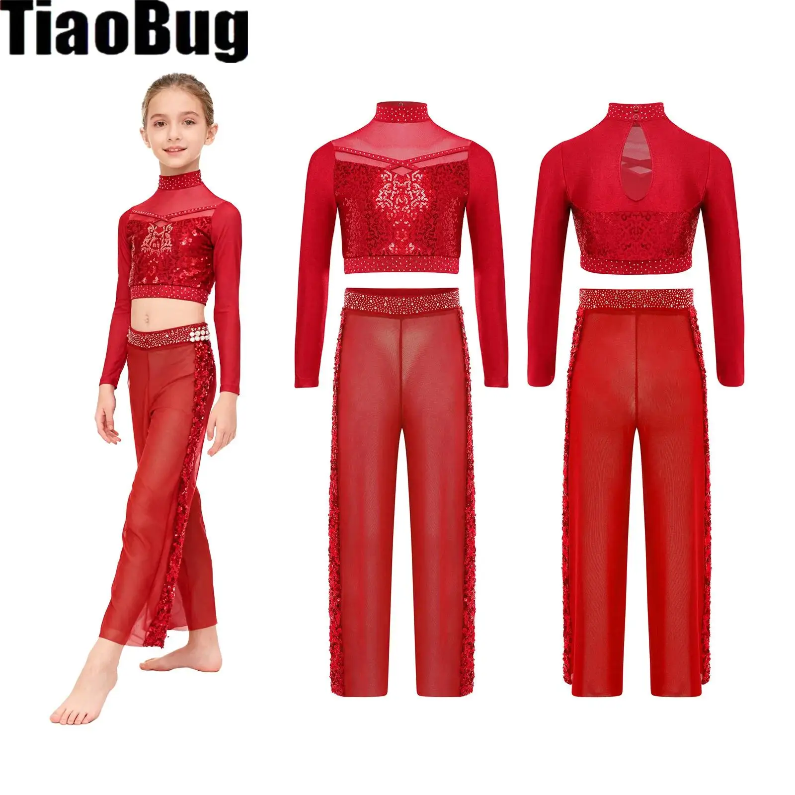 

Детский джазовый наряд с блестящими пайетками для девочек, укороченный топ с длинными рукавами и блестящими стразами, эластичные прозрачные сетчатые брюки с блестками