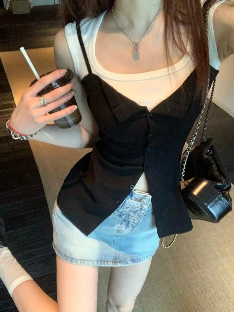 Summer Solid Camisoles Women Single Breasted Soft Slim Summer Korean Style Simple Hot Girls All-match Sweet Streetwear Trendy