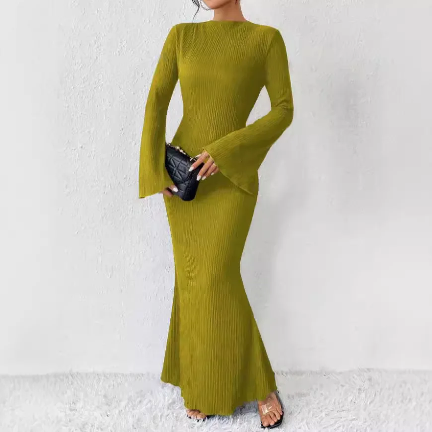 

Fashion Slim Long Sleeve A- Line Streetwear Dress For Women Smooths And Slims Your Silhouette Solid Color Long Dresses Vestidos