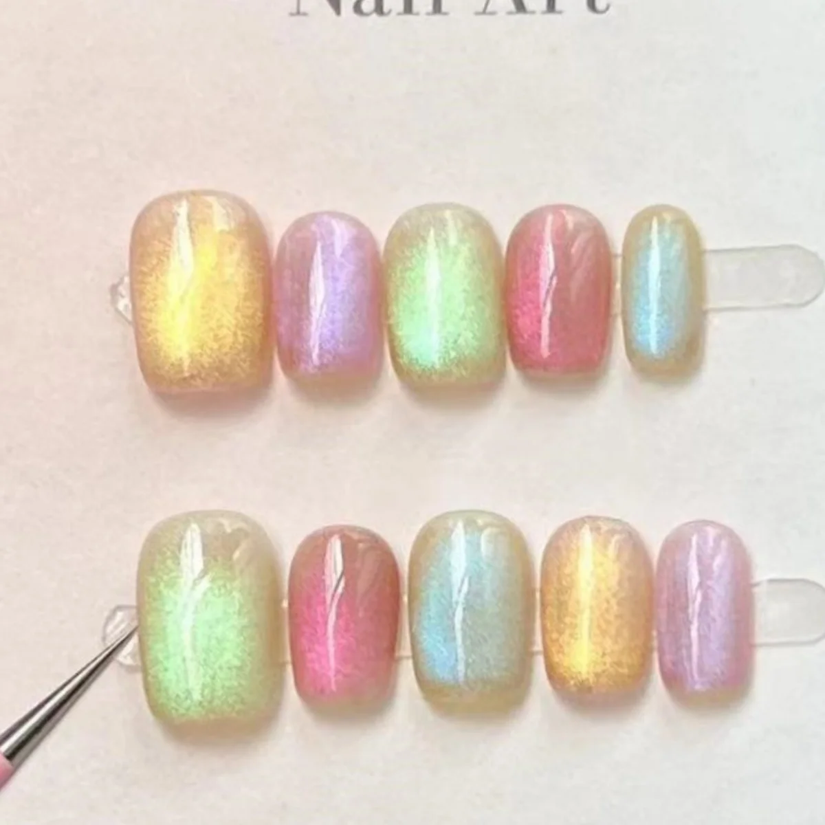 10 pezzi fatti a mano unghie finte arte colorata occhio di gatto corto quadrato copertura completa punte per unghie moda semplice dolce stampa su set di unghie finte