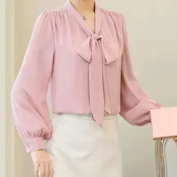 Office Lady Thin Solid Colour O-Neck Bow Chiffon Spring Summer Straight Single Breasted Women Shirt Lantern Sleeve Bandage Loose