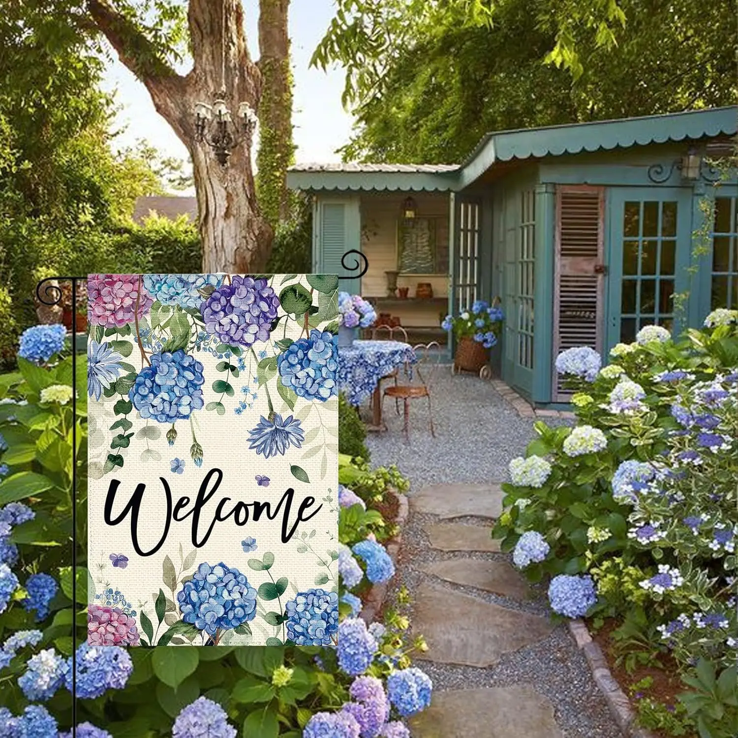Spring Summer Hydrangea Garden Flag 12 x 18 Inch Double Sided Outside, Purple Blue Floral Welcome Burlap Small Flags Seasona zzo