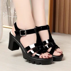 Summer Roman Fashion Non-slip Soft Leather Soft Sole Sandals Comfortable Thick Heel Women Open Toe Hollow Platform Sandals