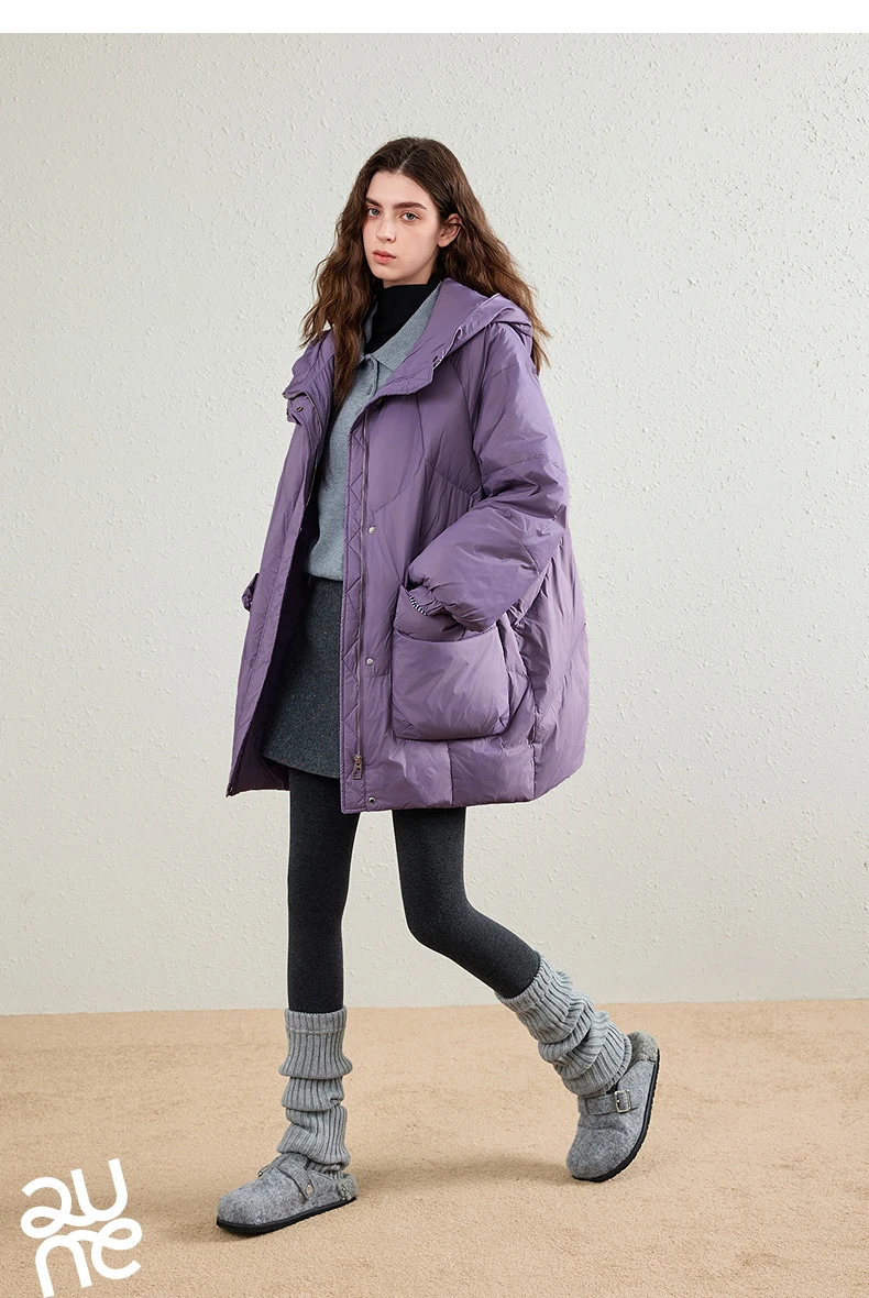 TOYOUTH Womens Down Jacket 2026 Winter New 90 White Duck Down Purple Hooded Large Pocket Warm Long Outerwear