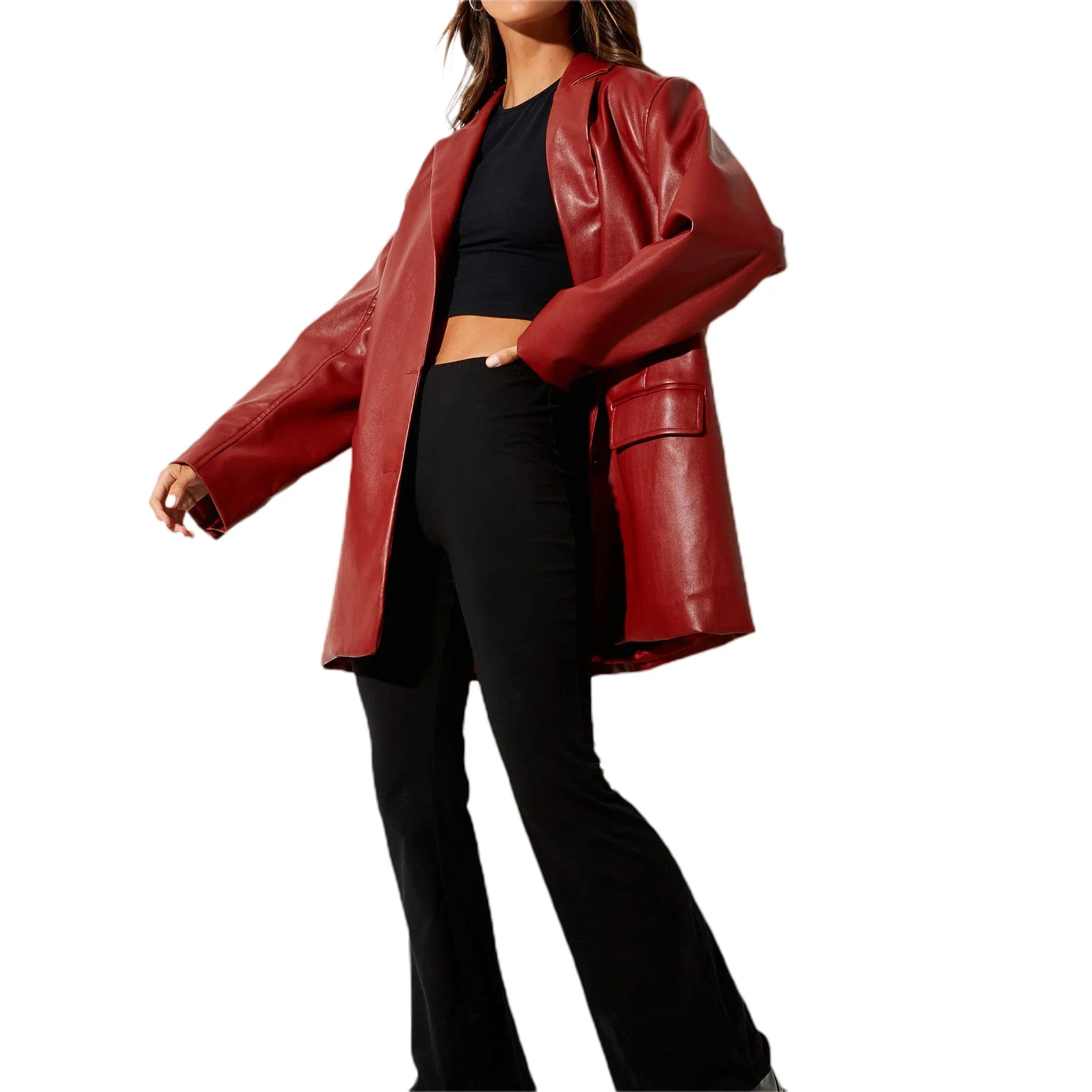 Women Fashion Faux Leather Blazer Vintage Boyfriend PU Jacket Tailored Collar Long Sleeve Button Down Coat Retro Streetwear