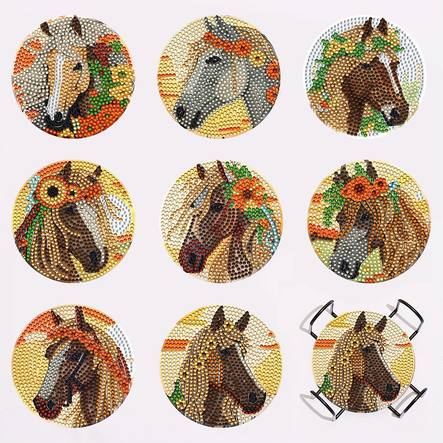 8Pcs Horse 5D Diamond Art Painting Coasters kits with Holder for Adults Kids Western Cowboy Gem Mosaics Embroidery Paint-By-Numb