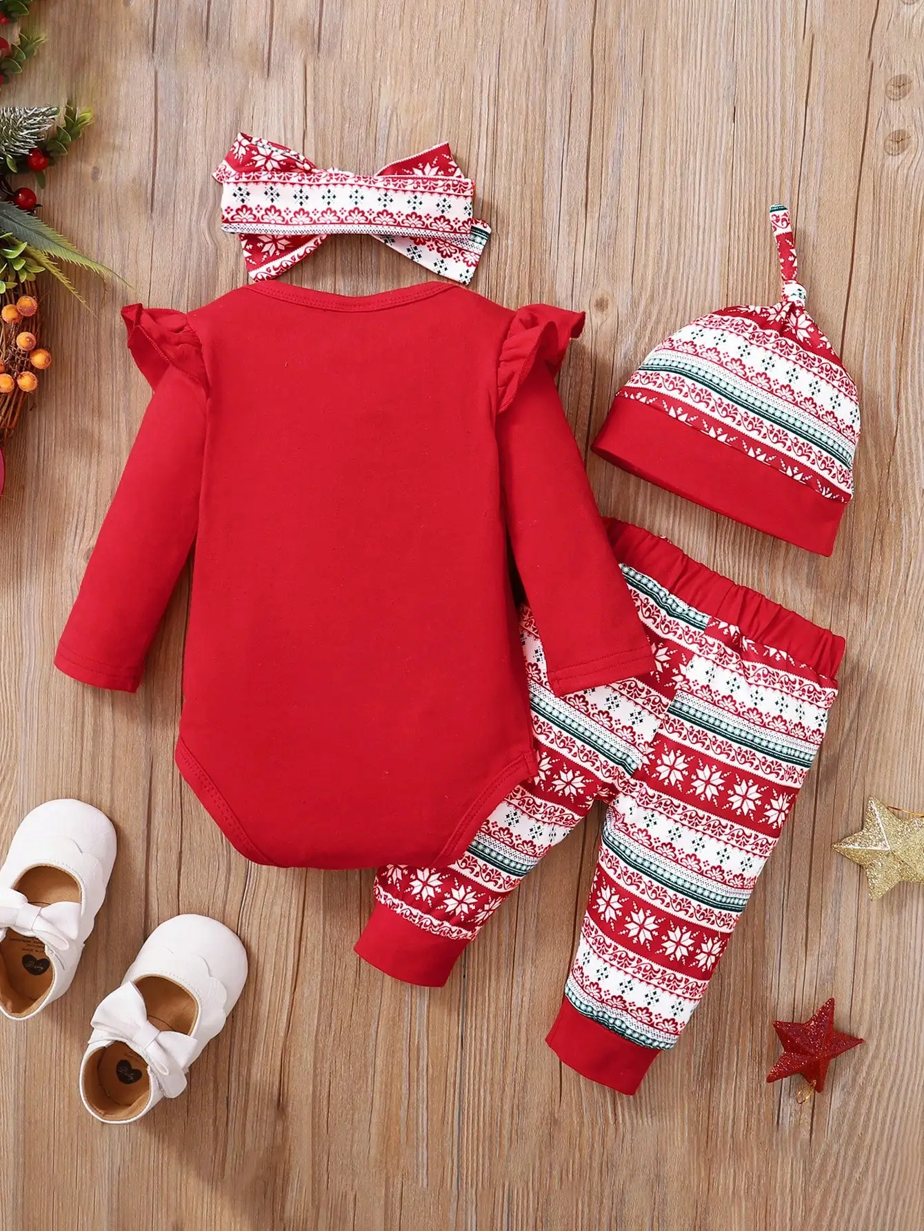 Baby Girl's Christmas Four-Piece Set, Red Long-Sleeved Romper with Christmas Tree and 