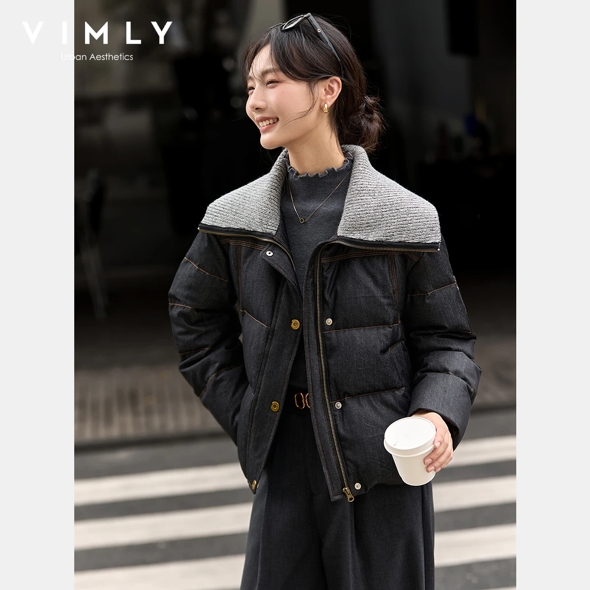 VIMLY Schwarze übergroße Daunenmäntel für Damen, 2025, Winter, Kontrastfarbe, Umlegekragen, Pufferjacken, Reißverschlussmantel für Damen 50863