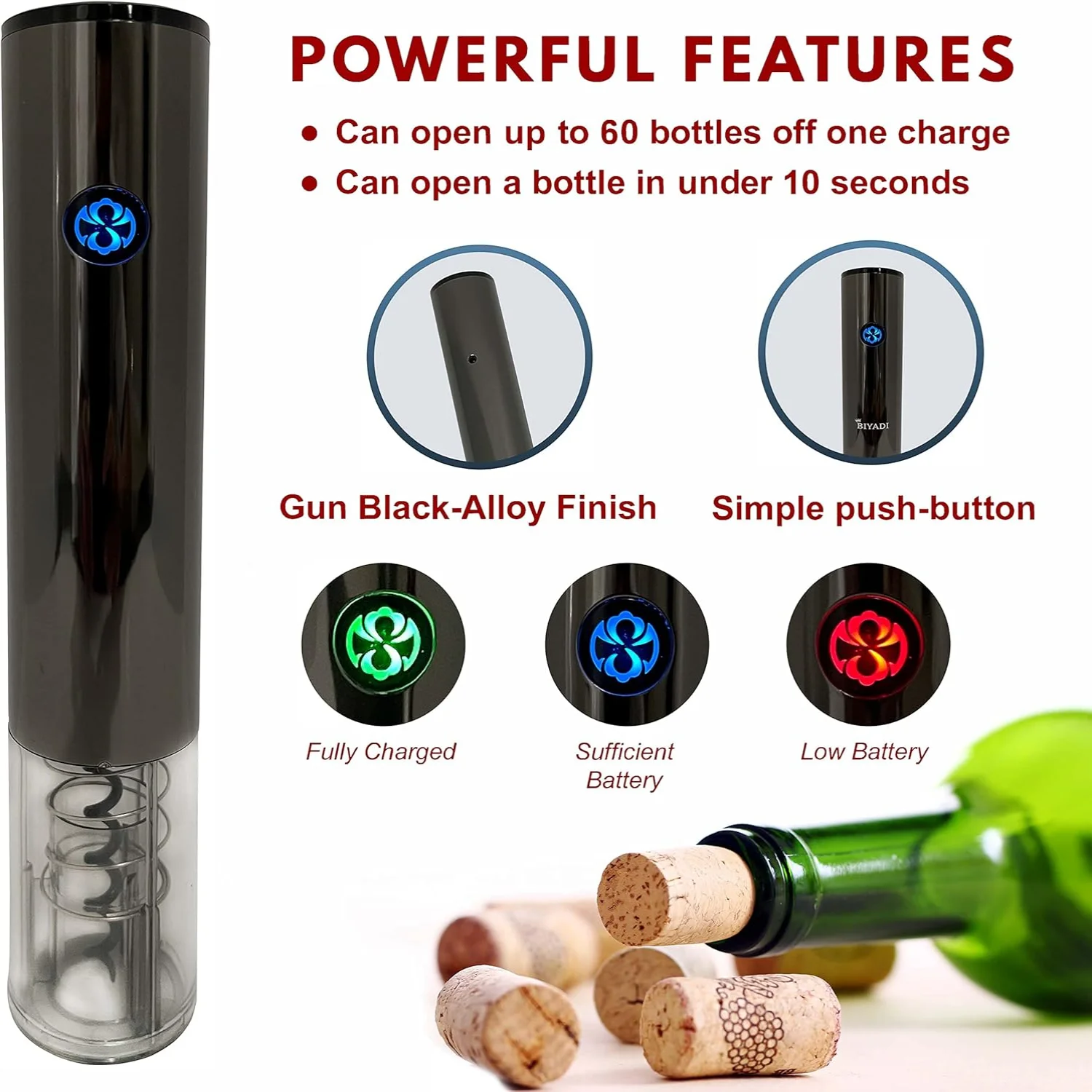 Set - Rechargeable Wine Bottle Opener - Automatic  Corkscrew Opener for Wine with Foil , Wine Pourer, Vacuum Stopper, and USB ch