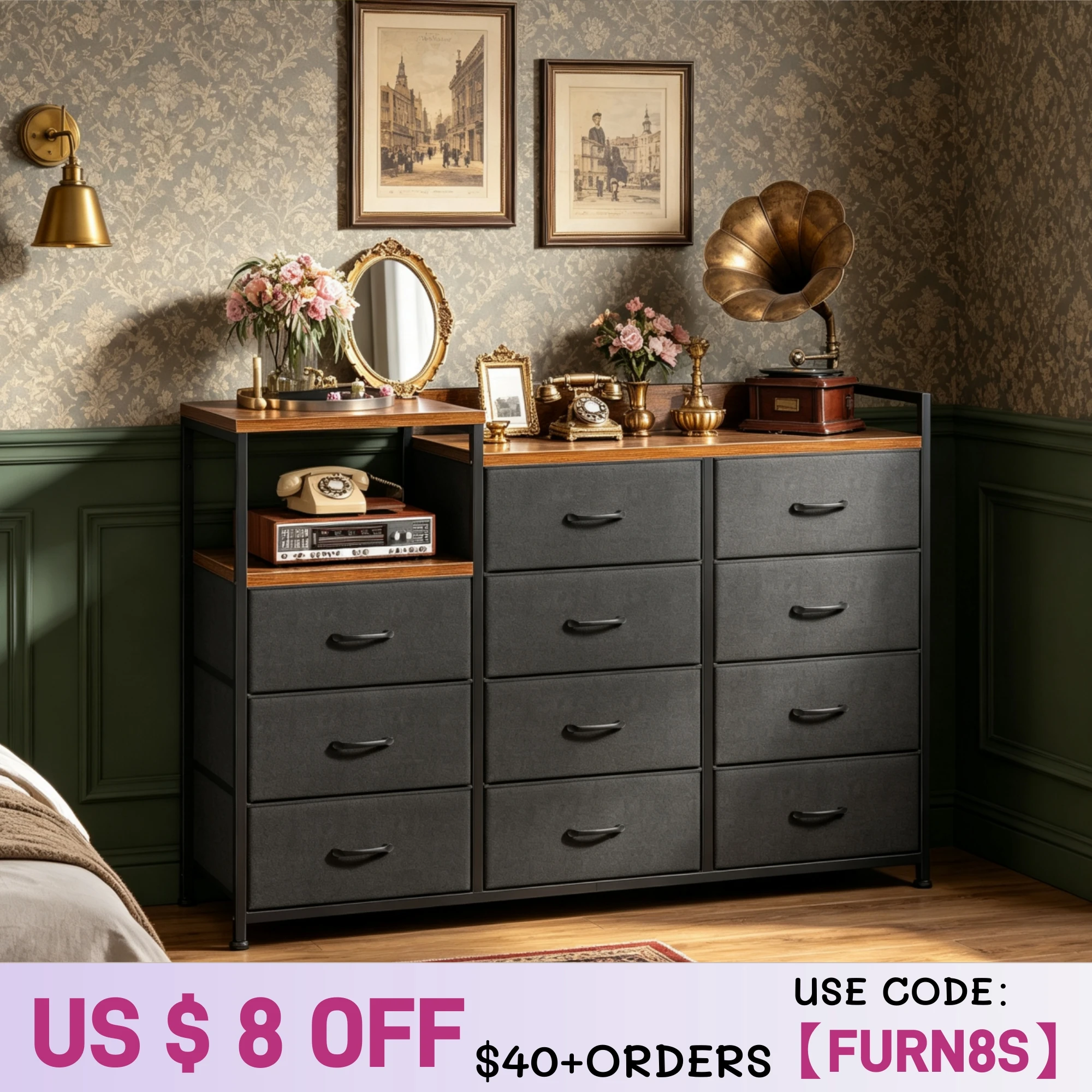 EnHomee 11-Drawer TV Stand & Dresser Combo - Features Sturdy Metal Frame, Wood Top, and Integrated Shelves for Bedroom Storage