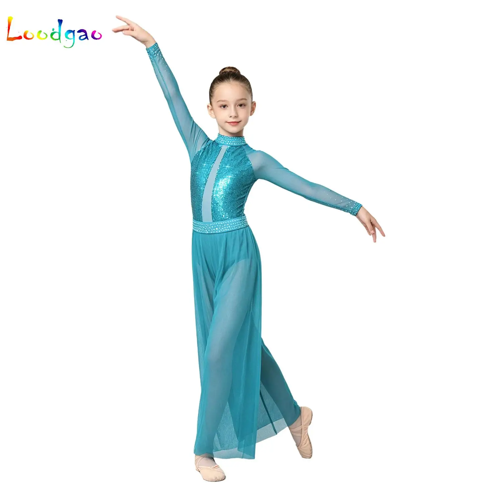Kids Girls Ballet Lyrical Jazz Hip Hop Dance Performance Costume Sequins Leotard with Overlay Wide-Leg Modern Dance Pants Suit