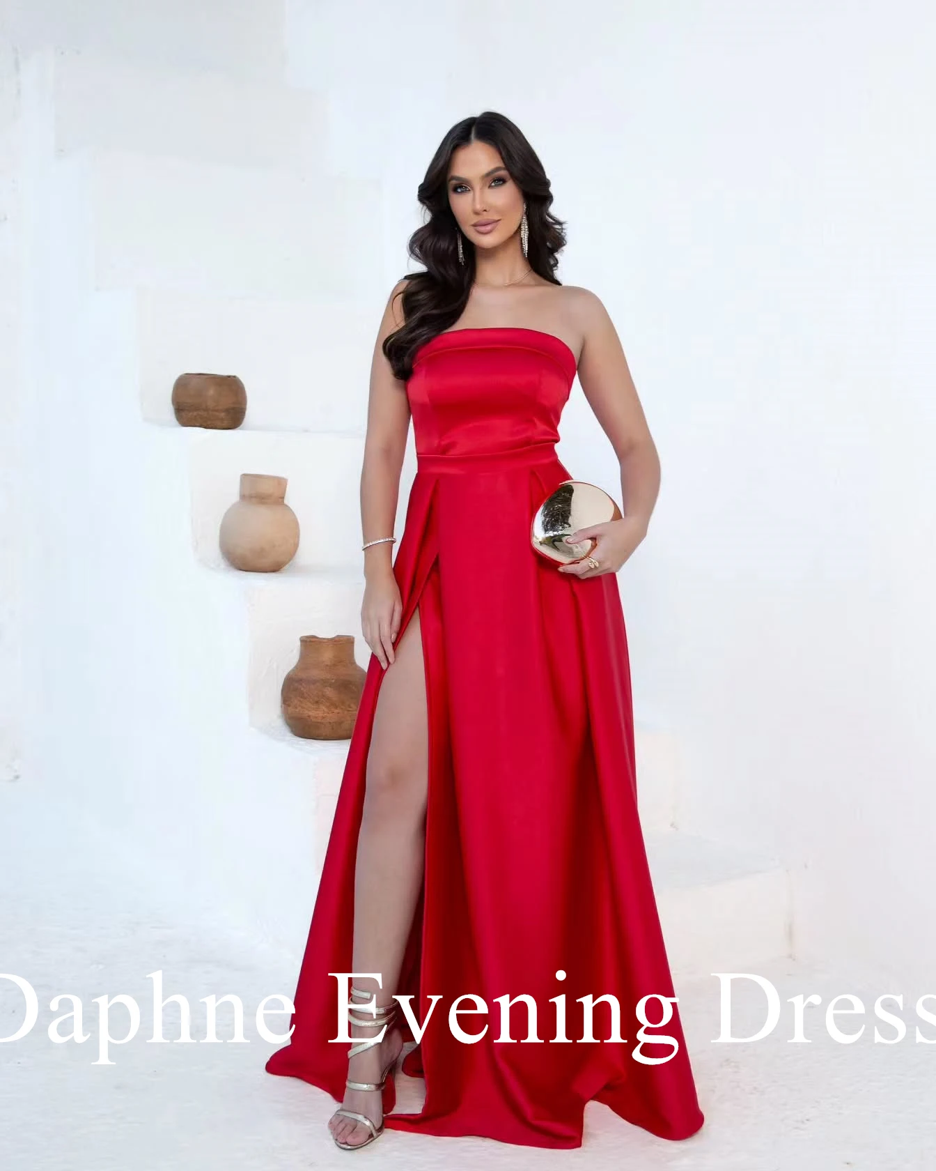 Customized Delicate Strapless Satin Front Slit Evening Dresses Graceful Pleats Zipper Back Red Vestido De Festa Vestido De Noche