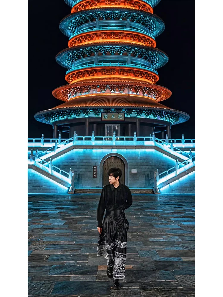 

New Chinese Sle Bla Men's Hanfu Skirt Commuter National Trend Skirt Cool High-End Sensation Casual Pants for Teens