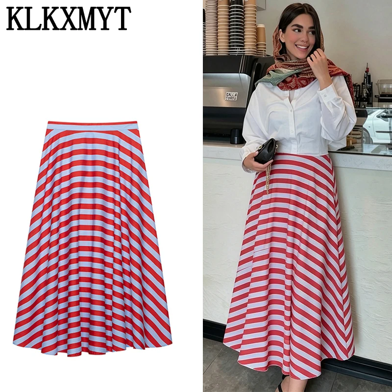 KLKXMYT Stripes Pleated Long Skirts For Women Fashion 2026 New Vintage Printed Midi Skirt High Street Casual Chic Party Skirts