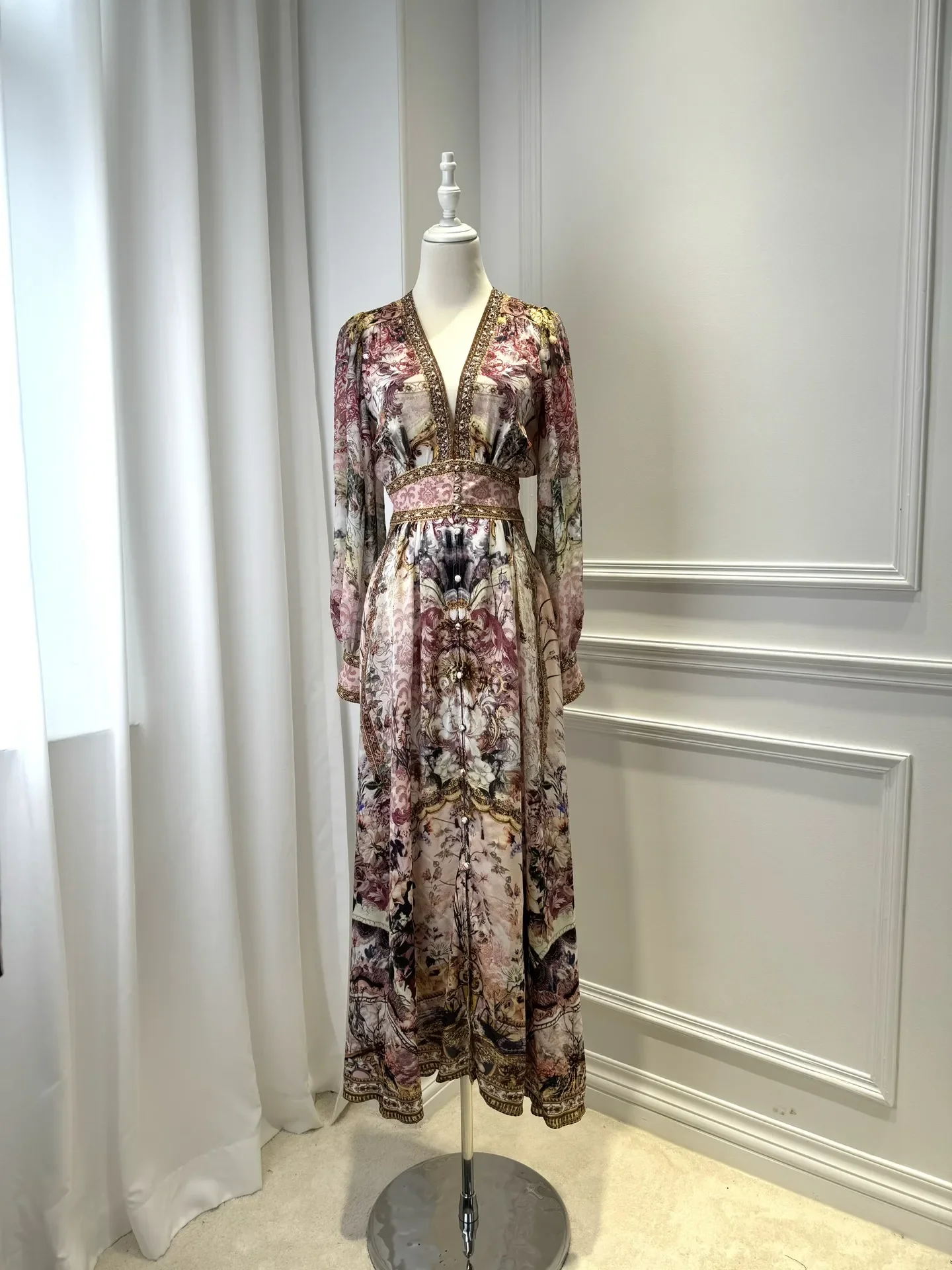 

Women Flower Printed Robe Deep V-Neck Long Sleeve Vintage Long Dress