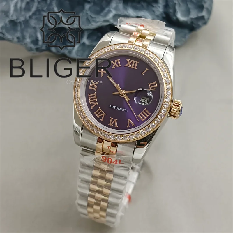 BLIGER 31mm Luxury Decorated Diamond Lady Watch NH05 Two Tone Rose Gold Case Sapphire Glass Sunburst PurpleGray Dial Roman Index