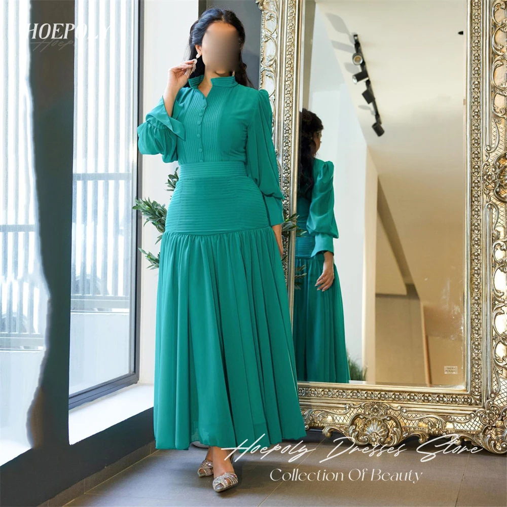 Hoepoly Green Elegant High Neck Full Sleeve Button A Line Evening Dress Ankle Length Pleat Fashion Formal Prom Gown For Woman