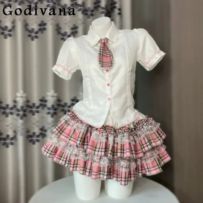 Japanese College Pink Plaid Elastic Waist Skirt Subculture Sweet Cute Girl Lolita Pink Lace-up Short Sleeve Hanging Neck T-shirt