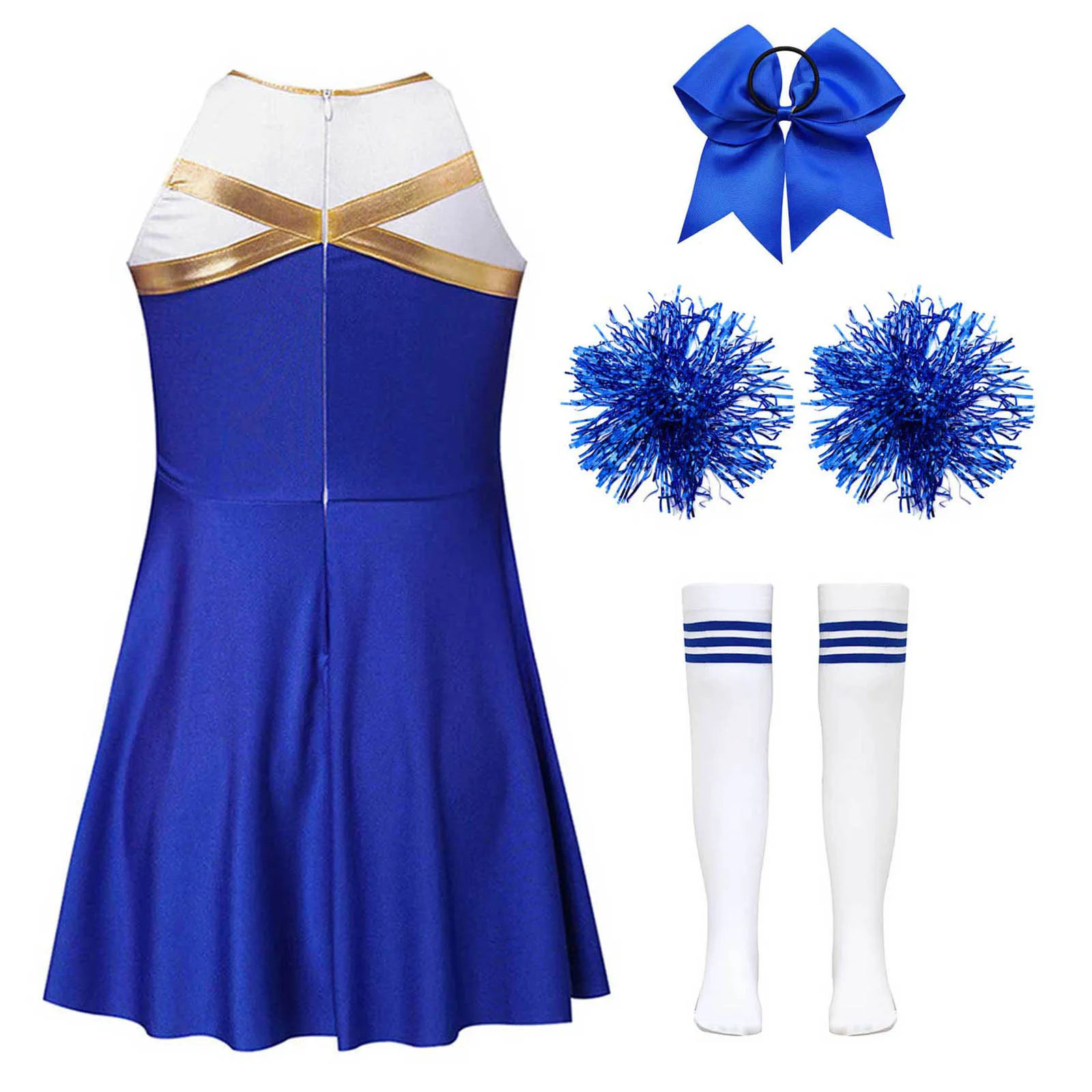 Girl Cheerleading Costume Dance Uniform Cheerlead Outfit Sequins Sleeveless Dress with Socks Pompoms School Girls Dancewear Set