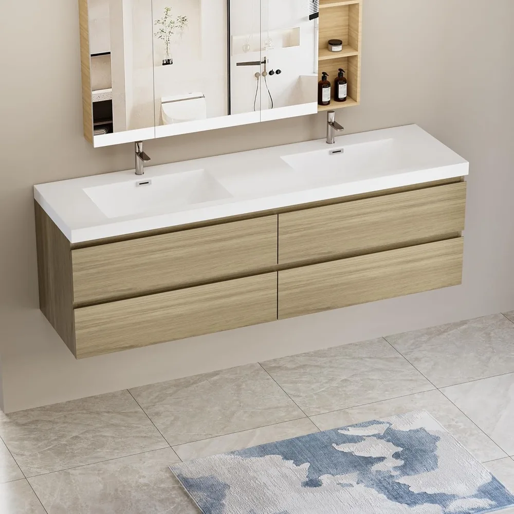 72 Inch Bathroom Vanity with Sink, Wall Mounted with Double Resin Top Basins and 4 Soft Close Drawers, Natural Oak