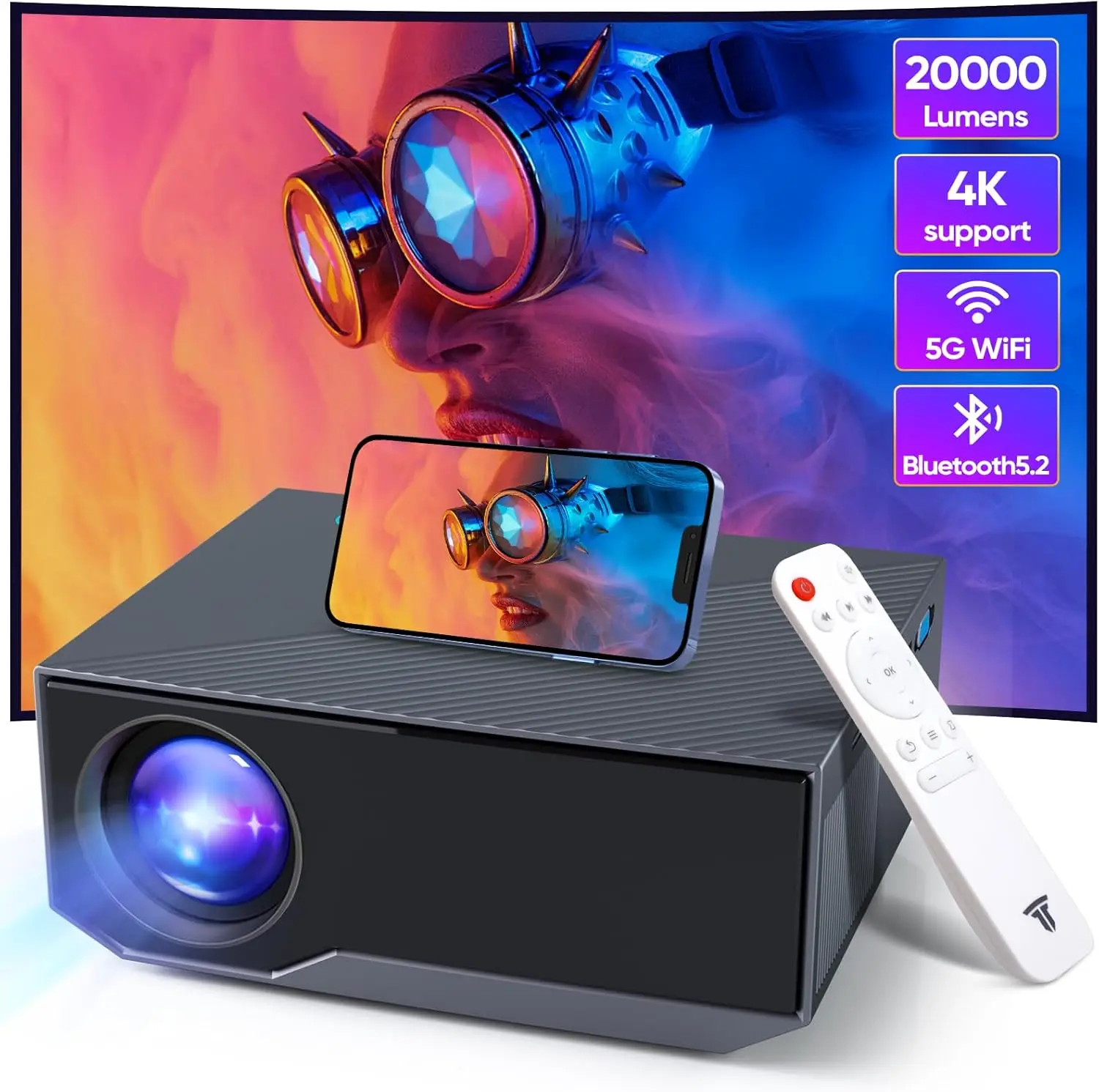 

ZDK Beamer 4K Unterstützt,2024 Full HD 1080P Beamer mit Bluetooth und WiFi,20000 Lumen Tragbarer Projektor Heimkino