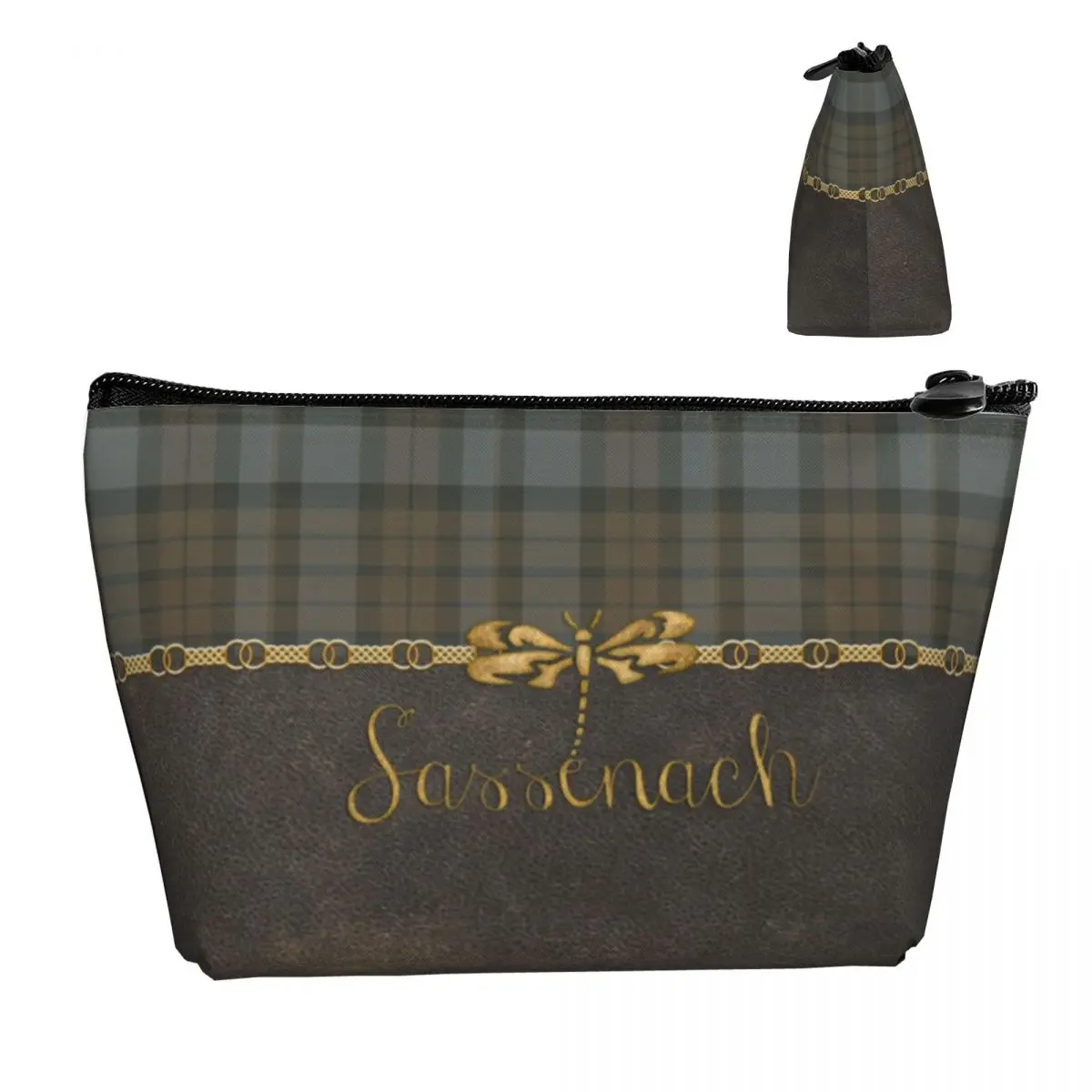 Leather And Tartan Sassenach Pattern Makeup Bag Women Travel Cosmetic Organizer Dragonfly Outlander Storage Toiletry Bags