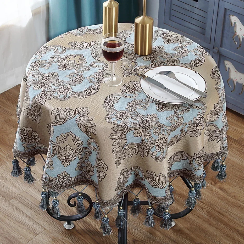 Luxury European Style Round Table Cloth with Tassel Embrodered Jacquard Table Cover Coffee House Home Decoration Tablecloth S1