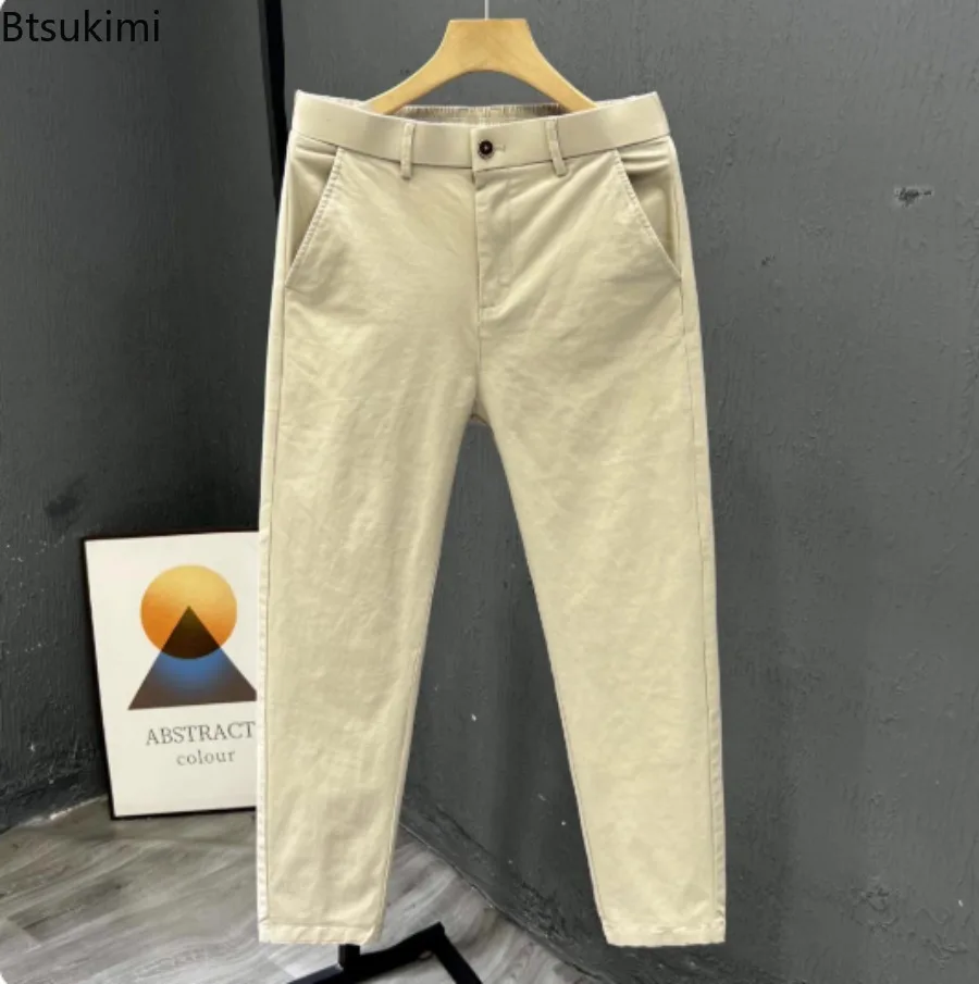 2025 Men's Solid Casual Trousers Summer Trendy Loose Thin Cotton Small Straight-leg Pants Fashionable Business Cropped Pants