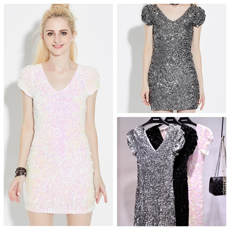 

2023 spring new sequin deep V-neck high elastic slim dress short sleeve stage English bag buttock evening dress sheath